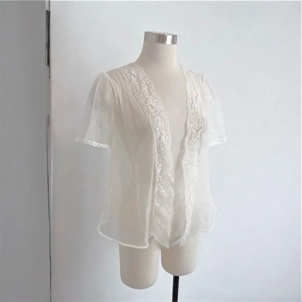 Vintage Fredrick’s Sheer White Cardigan Top Blouse Lingerie Lace Victorian Large
